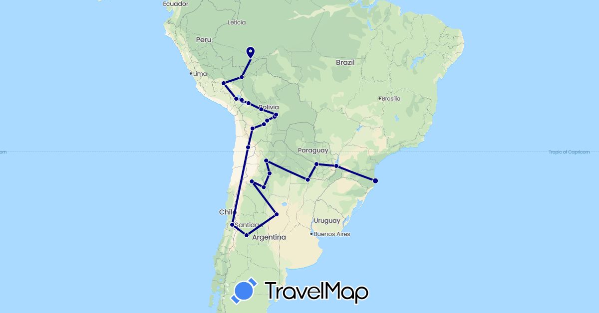 TravelMap itinerary: driving in Argentina, Bolivia, Brazil, Chile, Peru, Paraguay (South America)